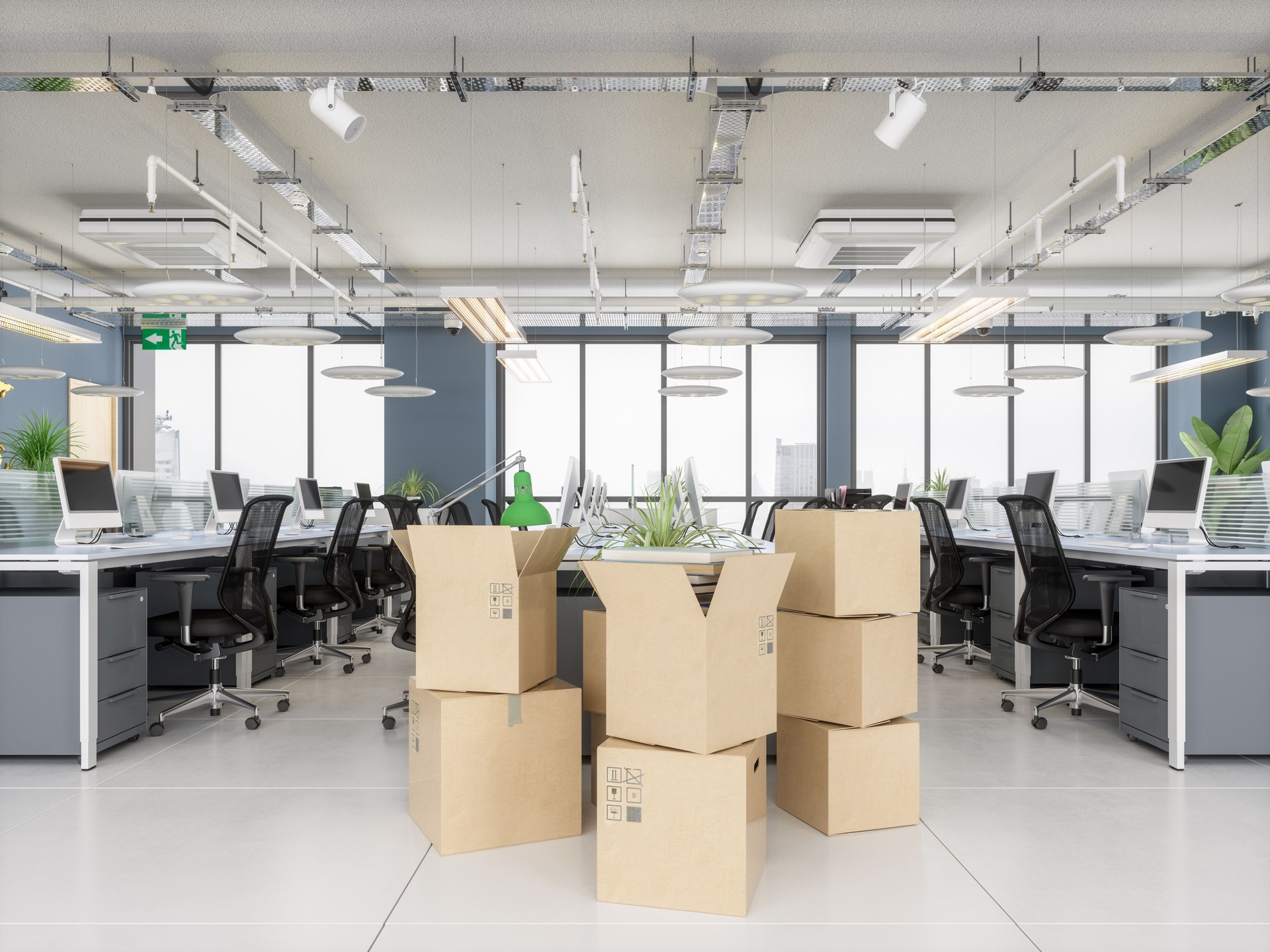 Cardboard boxes in new office